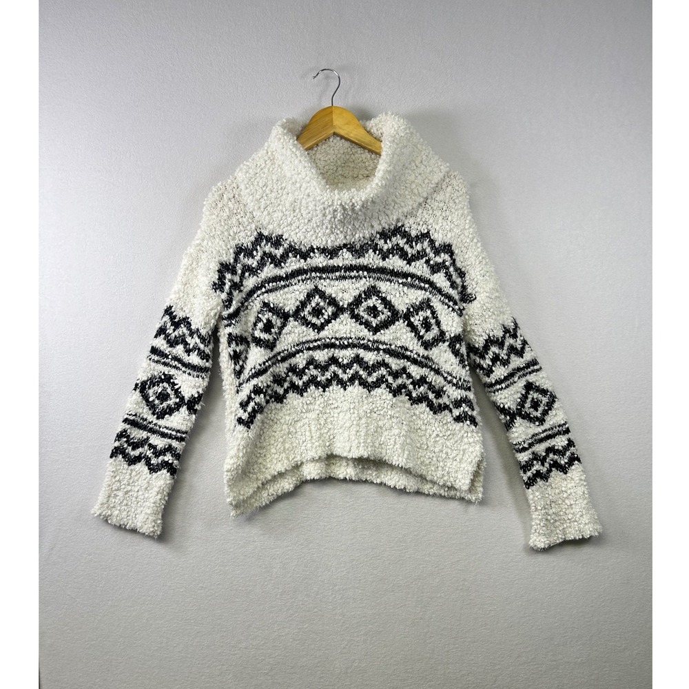 Hippie Rose Cozy Knit Cowl Neck Fair Isle Sweater Women's Size L Cream Black